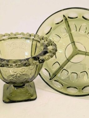 Vintage Indiana Glass Set: Lorain Candy Dish & Thumbprint Relish Tray